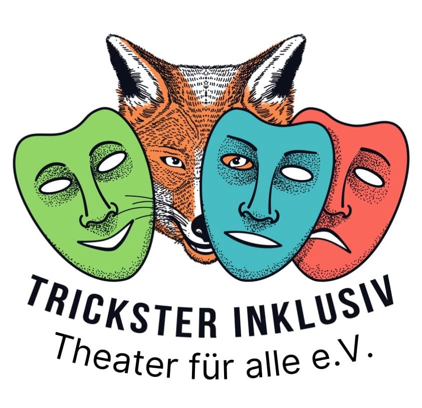 Das farbige Logo des Hamburger Theatervereins Hamburg Trickster Inklusiv - Theater für alle e.V. mit einem Fuchs und drei Theatermasken