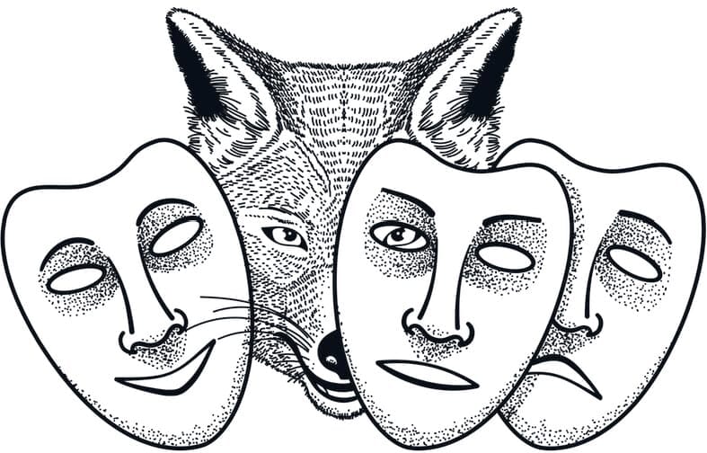 Das Theaterverein-Logo mit Trickster-Fuchs und Theatermasken in schwarz-weiß